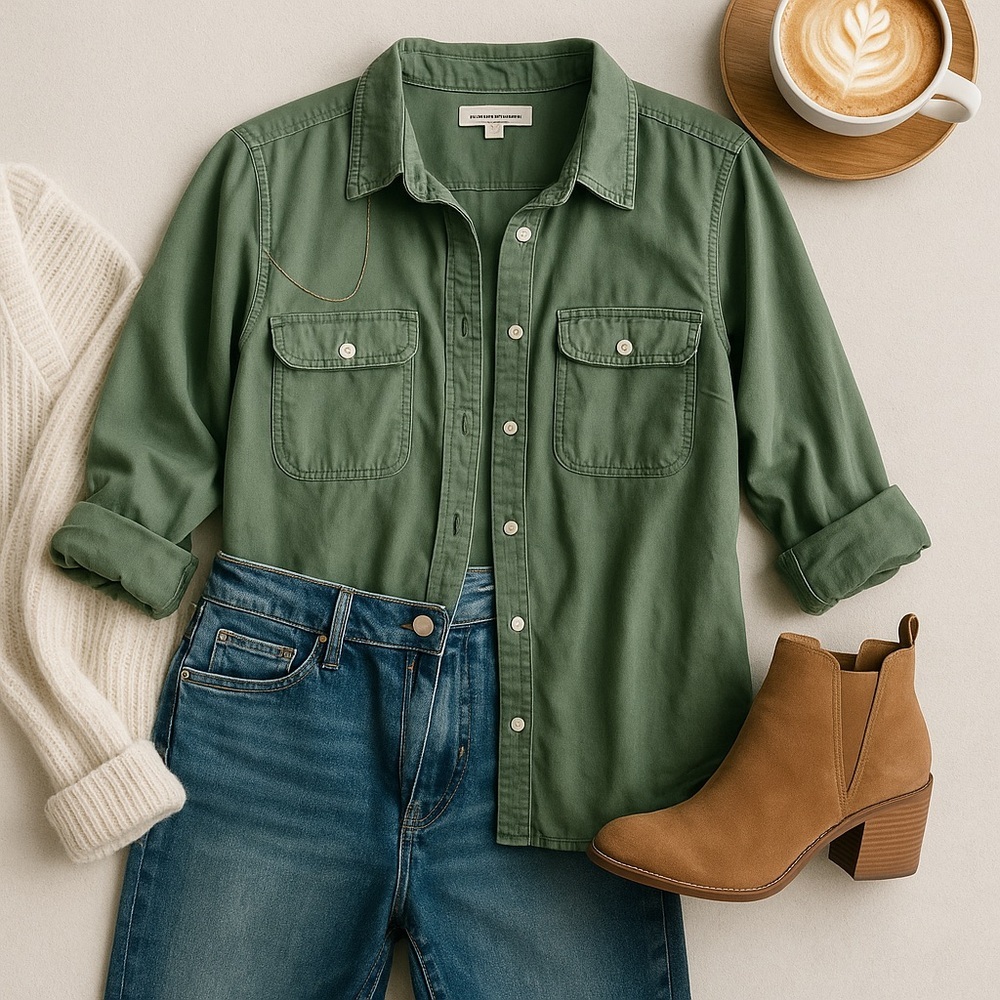 Lucky Brand Olive Green Button Up Shirt Small Boho Utility Casual Fall Top - Picture 1 of 9